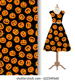 Womens dress fabric pattern design with pumpkin autumn harvest. Vector illustration