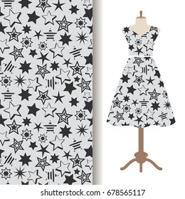 Womens dress fabric pattern design with abstract stars. Vector illustration