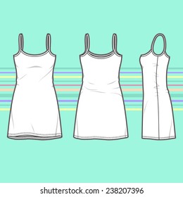 Frauenkleid vor, hinten und seitlich. Leere Vorlage für Sommerkleidung. Der lockere Stil. Vektorillustration auf gestreiftem Hintergrund für Ihr Modedesign. 