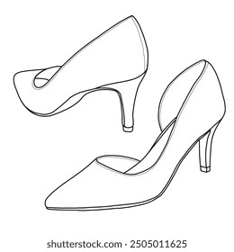 Damenkleid High Heels Pumps Closed Pointed Toe Stiletto Schuhe Line Art, technische Skizze Handzeichnung Umriss Vektor Doodle Illustration, Heck und Seitenansicht einzeln auf weißem Hintergrund