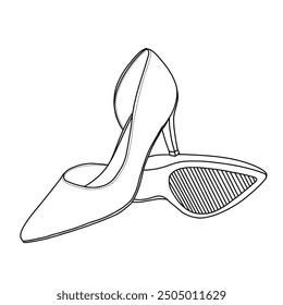 Damenkleid High Heels Pumps Closed Pointed Toe Stiletto Schuhe Line Art, technische Skizze Handzeichnung Umriss Vektor Doodle Illustration, Seiten-und Bodenansicht einzeln auf weißem Hintergrund