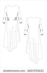 
women's dress long short sleeve model, CAD, V-neck blouse technical drawing, template, plain, sketch. Collar and bow woven fabric, front back view short sleeve, top lace-up and wide long sleeve fashi