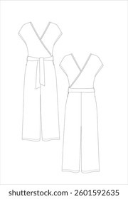 
women's dress long short sleeve model, CAD, V-neck blouse technical drawing, template, plain, sketch. Collar and bow woven fabric, front back view short sleeve, top lace-up and wide long sleeve fashi