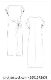 
women's dress long short sleeve model, CAD, V-neck blouse technical drawing, template, plain, sketch. Collar and bow woven fabric, front back view short sleeve, top lace-up and wide long sleeve fashi
