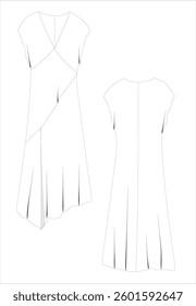 
women's dress long short sleeve model, CAD, V-neck blouse technical drawing, template, plain, sketch. Collar and bow woven fabric, front back view short sleeve, top lace-up and wide long sleeve fashi