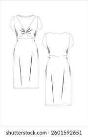 
women's dress long short sleeve model, CAD, V-neck blouse technical drawing, template, plain, sketch. Collar and bow woven fabric, front back view short sleeve, top lace-up and wide long sleeve fashi