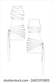 women's dress long sleeves, CAD, V-neck blouse technical drawing, template, plain, sketch. Collar and bow woven fabric, front back view short sleeves, top lace-up and wide long sleeve fashion