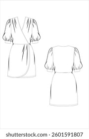 women's dress long sleeves, CAD, V-neck blouse technical drawing, template, plain, sketch. Collar and bow woven fabric, front back view short sleeves, top lace-up and wide long sleeve fashion