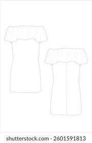women's dress long sleeves, CAD, V-neck blouse technical drawing, template, plain, sketch. Collar and bow woven fabric, front back view short sleeves, top lace-up and wide long sleeve fashion