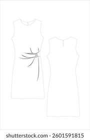 women's dress long sleeves, CAD, V-neck blouse technical drawing, template, plain, sketch. Collar and bow woven fabric, front back view short sleeves, top lace-up and wide long sleeve fashion