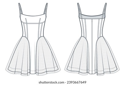 Women's Dress with Mesh technical fashion Illustration. Corset Dress fashion flat technical drawing template, shoulder straps, slim fit, back zip-up, front, back view, white color, women CAD mockup.