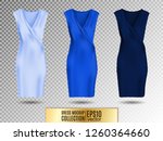 Women's dress mockup collection. Dress with long pleated skirt. Realistic vector illustration. Fully editable handmade mesh. Festive dress without sleeves. Light, bright and dark blue variation.