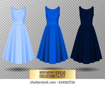 Women's dress mockup collection. Dress with long pleated skirt. Realistic vector illustration. Fully editable handmade mesh. Festive dress without sleeves. Light, bright and dark blue variation.