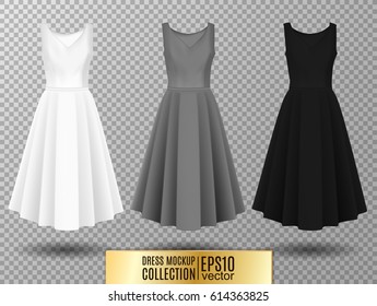 Women's dress mockup collection. Dress with long pleated skirt. Realistic vector illustration. Fully editable handmade mesh. Festive dress without sleeves. White, gray and black variation