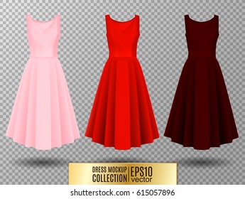 Women's dress mockup collection. Dress with long pleated skirt. Realistic vector illustration. Festive dress without sleeves. Pink red and vinous variation.