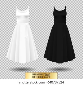 Women's dress mockup collection. Dress with long pleated skirt. Realistic vector illustration.  White and black variation.