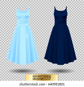 Women's dress mockup collection. Dress with long pleated skirt. Realistic vector illustration. Fully editable handmade mesh. Festive dress without sleeves. Light and dark blue variation.