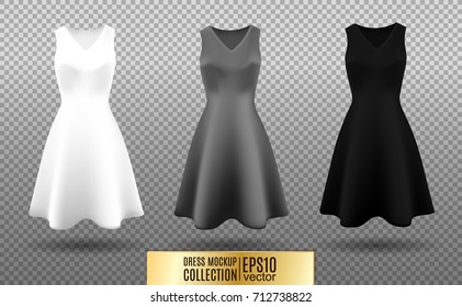 Women's dress mockup collection. Dress with long pleated skirt. Realistic vector illustration. Fully editable handmade mesh. Festive dress without sleeves. White, gray and black variation