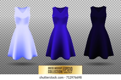 Women's dress mockup collection. Dress with long pleated skirt. Realistic vector illustration. Fully editable handmade mesh. Festive dress without sleeves. Light, bright and dark blue variation.