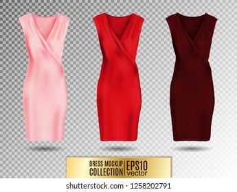 Women's dress mockup collection. Dress with medium pleated skirt. Realistic vector illustration. Festive dress without sleeves. Pink red and vinous variation.