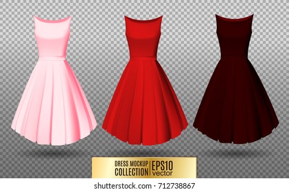 Women's dress mockup collection. Dress with medium pleated skirt. Realistic vector illustration. Festive dress without sleeves. Pink red and vinous variation.