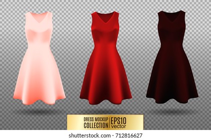 Women's dress mockup collection. Dress with medium pleated skirt. Realistic vector illustration. Festive dress without sleeves. Pink red and vinous variation.