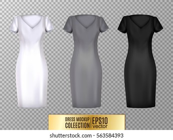 Women's dress mockup collection. Realistic vector illustration. Fully editable handmade mesh. Classic dress with short sleeves.