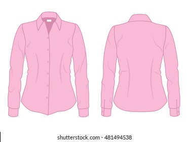 Women's dress shirt with long sleeves template, front and back view