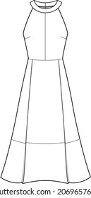 women's dress sleeveless halter neck fit and flare backless maxi dress flat sketch vector illustration