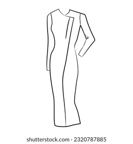 Women's dress with sleeves, contour from black brush lines different thickness on white background