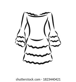 women's dresses. Hand drawn vector illustration. Black outline drawing isolated on white background women's dress, vector sketch illustration