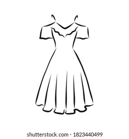 women's dresses. Hand drawn vector illustration. Black outline drawing isolated on white background women's dress, vector sketch illustration