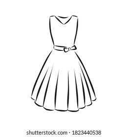 women's dresses. Hand drawn vector illustration. Black outline drawing isolated on white background women's dress, vector sketch illustration