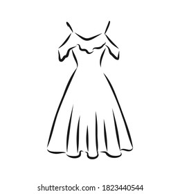 women's dresses. Hand drawn vector illustration. Black outline drawing isolated on white background women's dress, vector sketch illustration