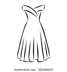 women's dresses. Hand drawn vector illustration. Black outline drawing isolated on white background women's dress, vector sketch illustration