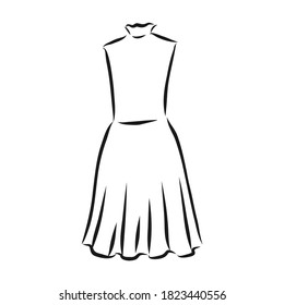women's dresses. Hand drawn vector illustration. Black outline drawing isolated on white background women's dress, vector sketch illustration