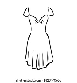 women's dresses. Hand drawn vector illustration. Black outline drawing isolated on white background women's dress, vector sketch illustration