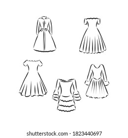 vestidos de mujeres. Ilustración vectorial dibujada a mano. Dibujo del contorno negro aislado en el fondo blanco vestido de mujer, ilustración del bosquejo vectorial