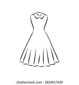 women's dresses. Hand drawn vector illustration. Black outline drawing isolated on white background women's dress, vector sketch illustration
