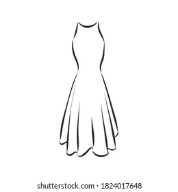 women's dresses. Hand drawn vector illustration. Black outline drawing isolated on white background women's dress, vector sketch illustration