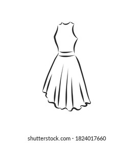 women's dresses. Hand drawn vector illustration. Black outline drawing isolated on white background women's dress, vector sketch illustration