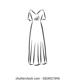 women's dresses. Hand drawn vector illustration. Black outline drawing isolated on white background women's dress, vector sketch illustration