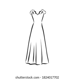 women's dresses. Hand drawn vector illustration. Black outline drawing isolated on white background women's dress, vector sketch illustration