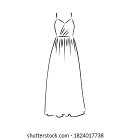 vestidos de mujeres. Ilustración vectorial dibujada a mano. Dibujo del contorno negro aislado en el fondo blanco vestido de mujer, ilustración del bosquejo vectorial