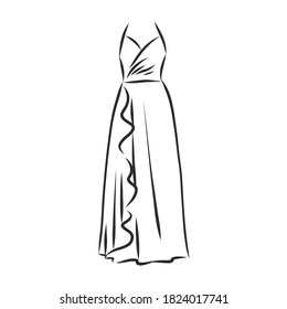 vestidos de mujeres. Ilustración vectorial dibujada a mano. Dibujo del contorno negro aislado en el fondo blanco vestido de mujer, ilustración del bosquejo vectorial