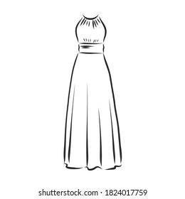 women's dresses. Hand drawn vector illustration. Black outline drawing isolated on white background women's dress, vector sketch illustration