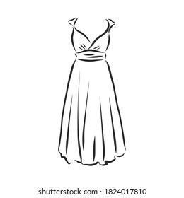 women's dresses. Hand drawn vector illustration. Black outline drawing isolated on white background women's dress, vector sketch illustration