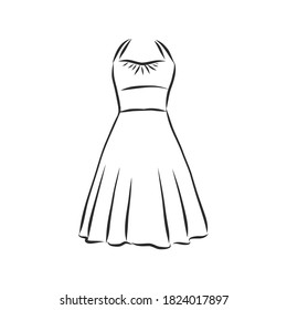 women's dresses. Hand drawn vector illustration. Black outline drawing isolated on white background women's dress, vector sketch illustration