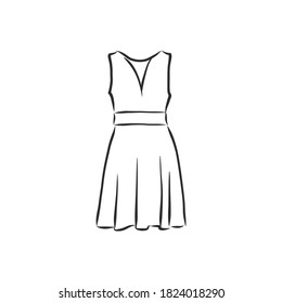 women's dresses. Hand drawn vector illustration. Black outline drawing isolated on white background women's dress, vector sketch illustration