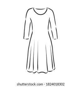 women's dresses. Hand drawn vector illustration. Black outline drawing isolated on white background women's dress, vector sketch illustration